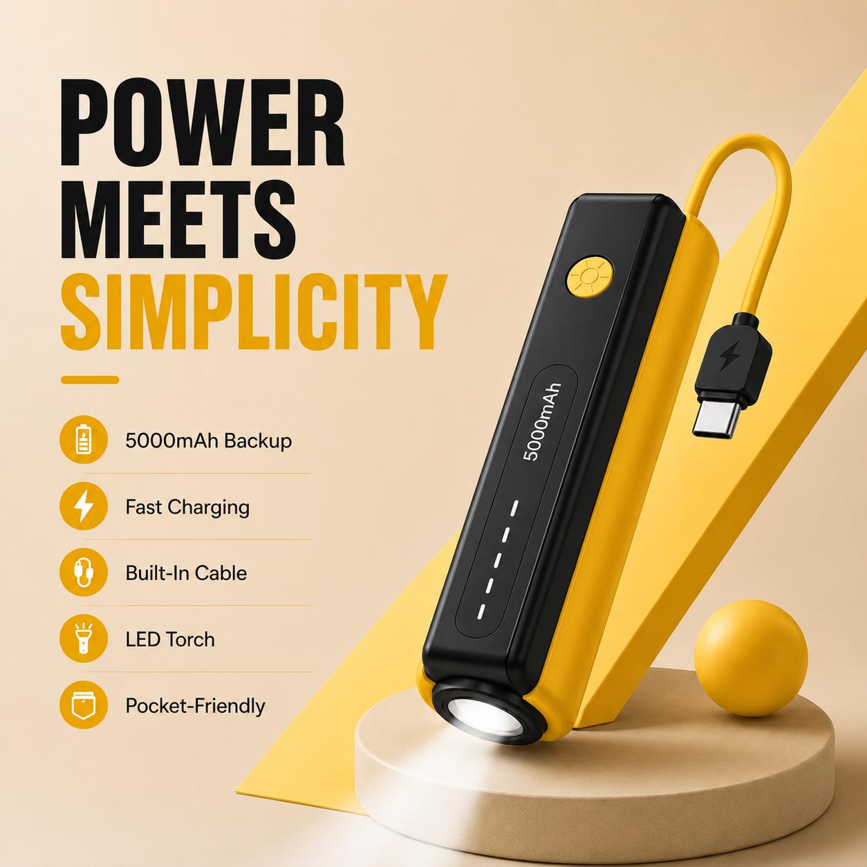 VoltLite™ 5000mAh Power Bank with Built-In Torch